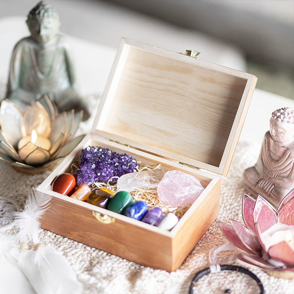 Premium Grade Crystals and Healing Stones in Wooden Display Box, Rose Quartz, Amethyst Crystal, 7 Tumbled Chakra Gemstones, Quartz Crystal Point + Guide & Instructions - Gift Kit