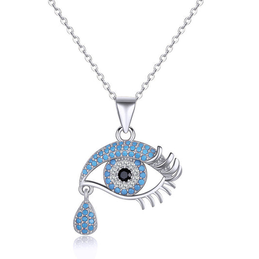 925 Sterling Silver Moissanite Evil Eye Pendant Necklace, Dainty Blue Evil Eye Tear Drop Choker Necklaces for Women