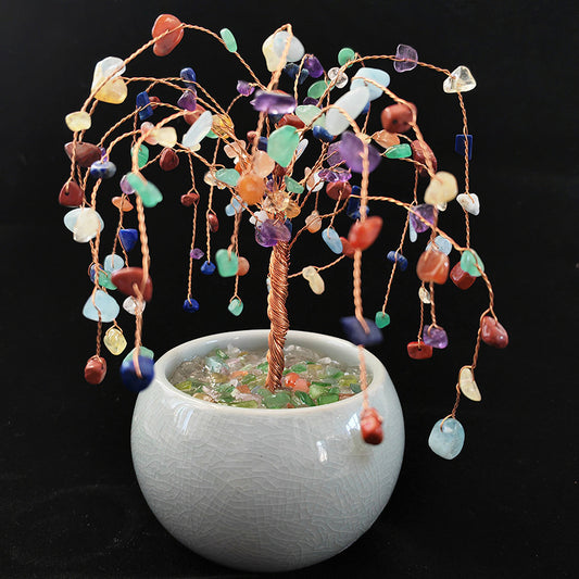 Colorful/Pink Crystal Raw Stone Gravel Fortune Tree, Hand-woven Money Tree, Good Luck Feng Shui Decoration for Home Office