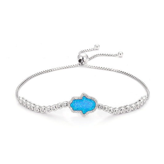 Blue Hamsa Hand of Fatima Bracelet Sterling Silver Cubic Zirconia Opal Adjustable Tennis Anchor Chain