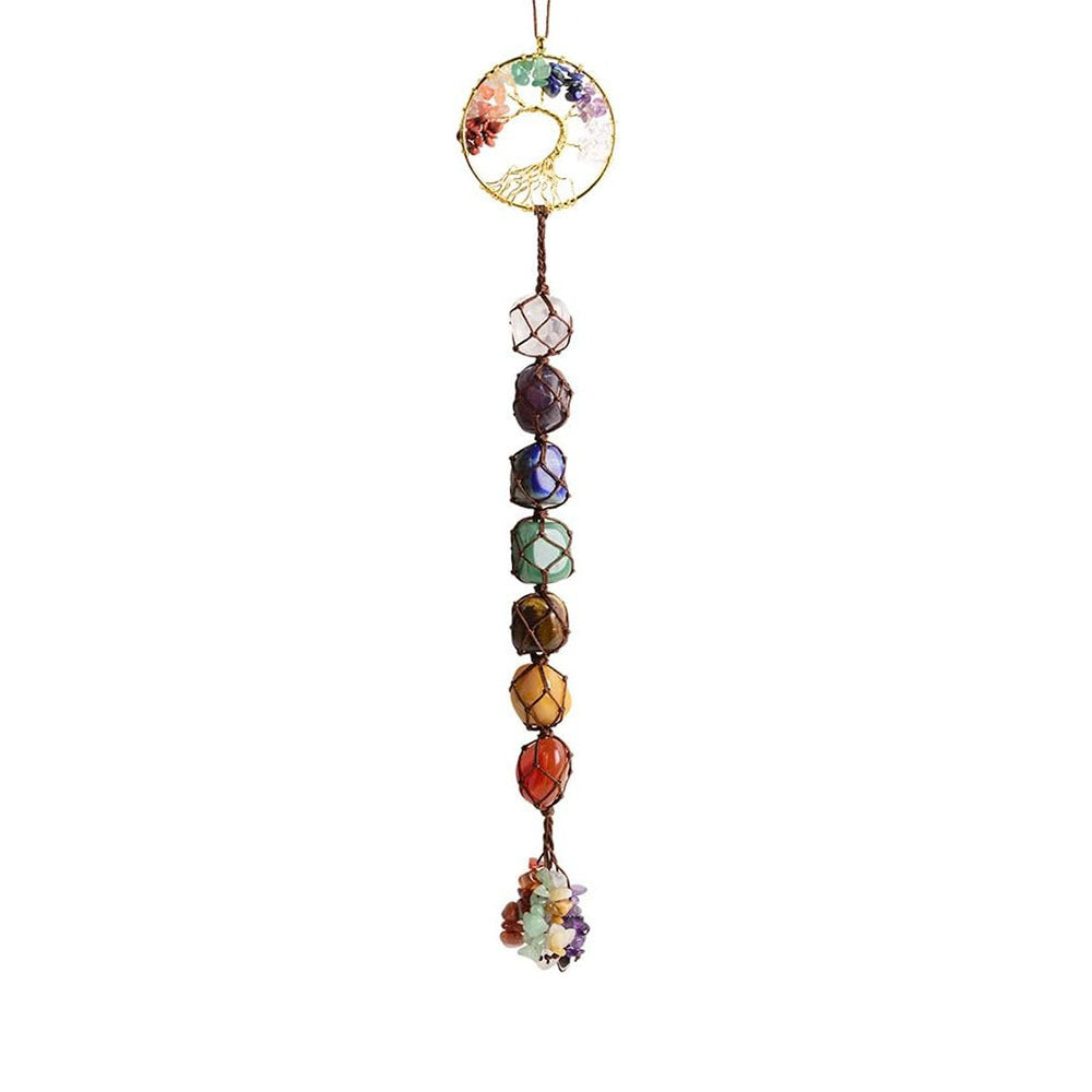 7 Chakra Home Decoration Feng Shui Ornament, Tree of Life Crystal Window Wall Hanging Ornaments, Yoga Meditation Decoration Tumbled Palm Stones