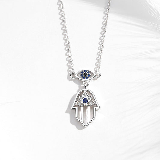 925 Sterling Silver Hollow Turkish Eye Crystal Hamsa Hand Clavicle Chain Pendant Necklace for Women