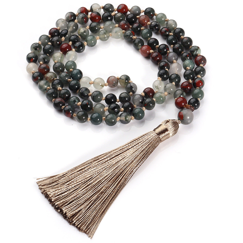 108 Mala Beads Necklace Semi-Precious Agate Gem Stones Necklace, Hand Knotted Japa Mala Beaded Tassel Necklace with Tree of Life Pendant