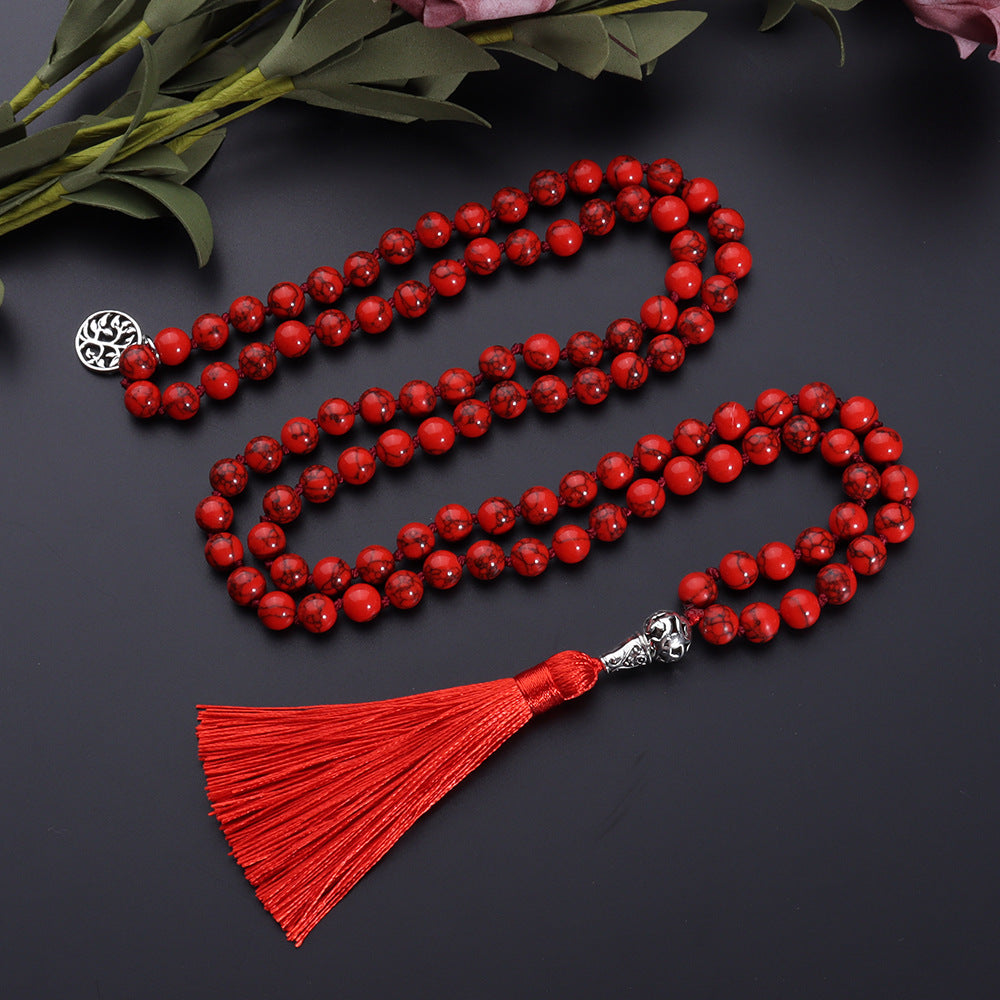 8MM Red Turquoise Mala Beads Necklace with Tree of Life Pendant, Japa Yoga Rosary Prayer Charm Beaded Tassel Necklace, Natural Stone Meditation Statement Necklaces