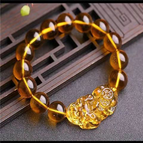 Feng Shui 12mm Citrine Gem Stone Wealth Porsperity Bracelet with Pi Xiu/Pi Yao, Attract Good Luck And Wealth