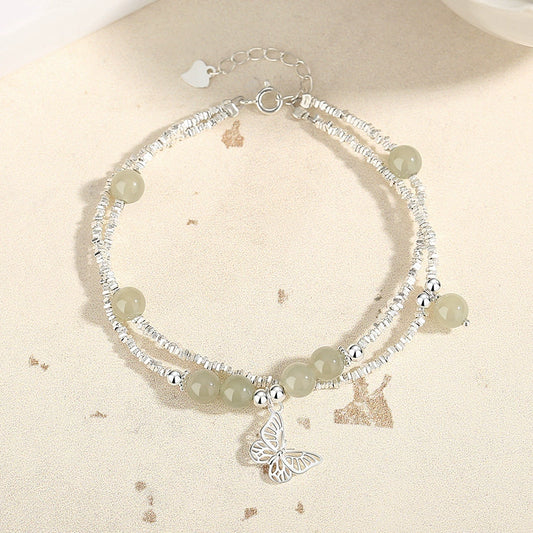 Broken silver butterfly double layer bracelet female S925 sterling silver and Hetian jade hand jewelry - butterfly dance fortune broken silver jade chain