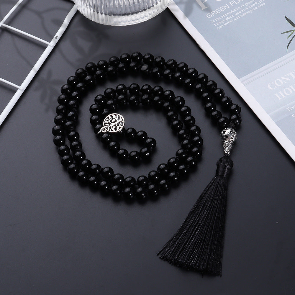 8MM Natural Black Jade Mala Prayer Beads Necklace/Bracelet Strand, Round- 108 Mala Necklace with Tree of Life Pendant | Japa Mala Gemstone Prayer Beads