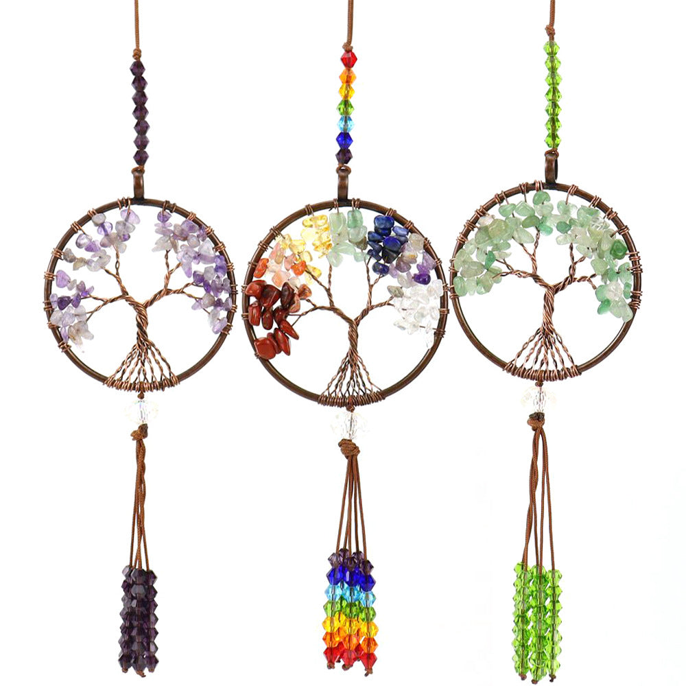 Tree of Life Sun Catcher Hanging Charm, 7 Chakra Gemstone Chip Pendant Decoration, Tree of Life Dream Catcher Car Hanging Ornament Boho Rainbow, Crystal Window Wall Decor