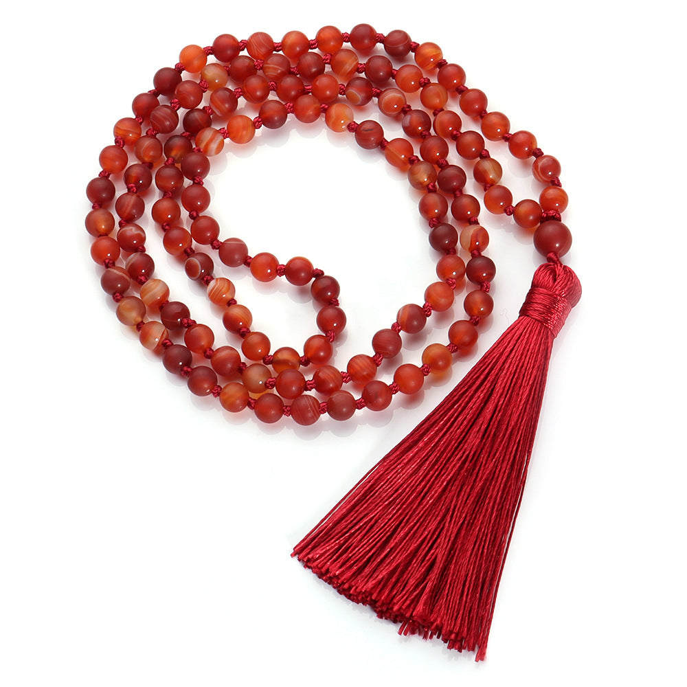 Smooth Natural Red Smooth Agate Mala Beads Necklace, Tassel Holy Beads Garland, 108 Prayer Beads Hand Made Mala Necklace