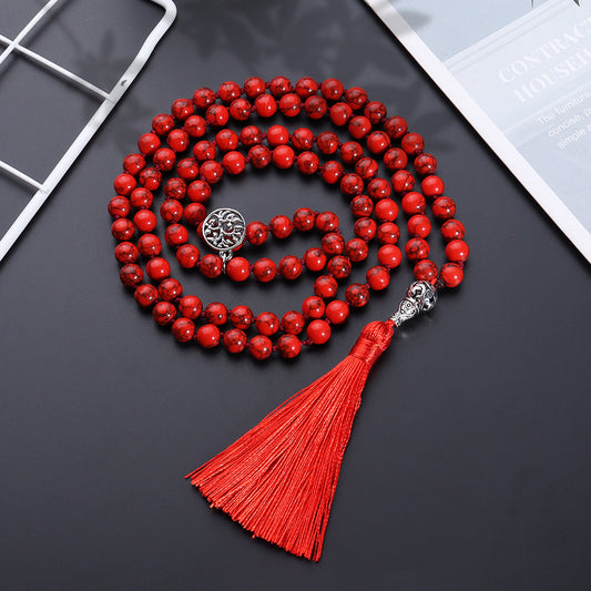 8MM Red Turquoise Mala Beads Necklace with Tree of Life Pendant, Japa Yoga Rosary Prayer Charm Beaded Tassel Necklace, Natural Stone Meditation Statement Necklaces