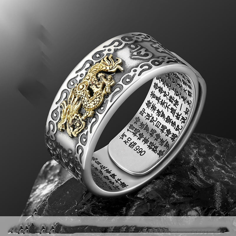 Feng Shui Pixiu Mantra Ring, Pixiu Charms Ring 990 Silver Buddhist Good Luck Amulet Mantra Double Protection Wealth Love Health