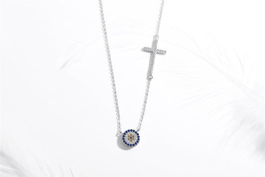 Blue and White Stone Evil Eye with Holy Cross Silver Necklace