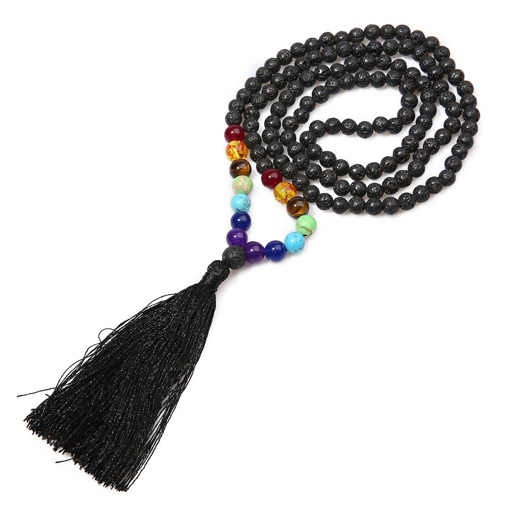 6mm Chakra Long Mala Rosary Prayer Beads Tassel Necklace, Japa Yoga Buddhist Rosary Prayer Charm Beaded Strand Necklaces, Natural Volcanic Stone Meditation Statement Necklace