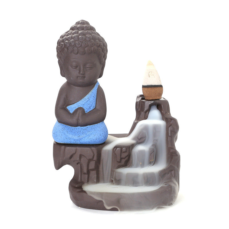 Microfiber Meditating Monk Buddha Smoke Backflow Cone Incense Holder with 10 Scented Cone, Monk Buddha Idol Statues for Home Decor Items Mandir Decorative