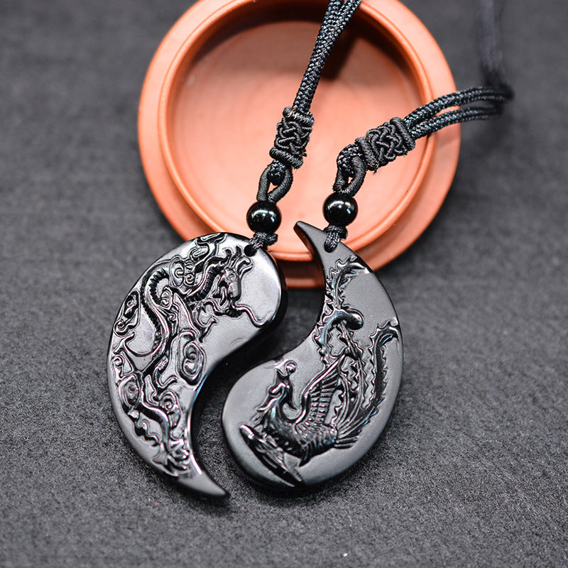 Obsidian Yin Yang Dragon and Phoenix Pendant Necklaces for Couples