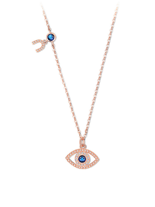 Evil Eye Horseshoe Sterling Silver 925 Pendant Necklace, Cubic Zirconia Cable Chain for Women