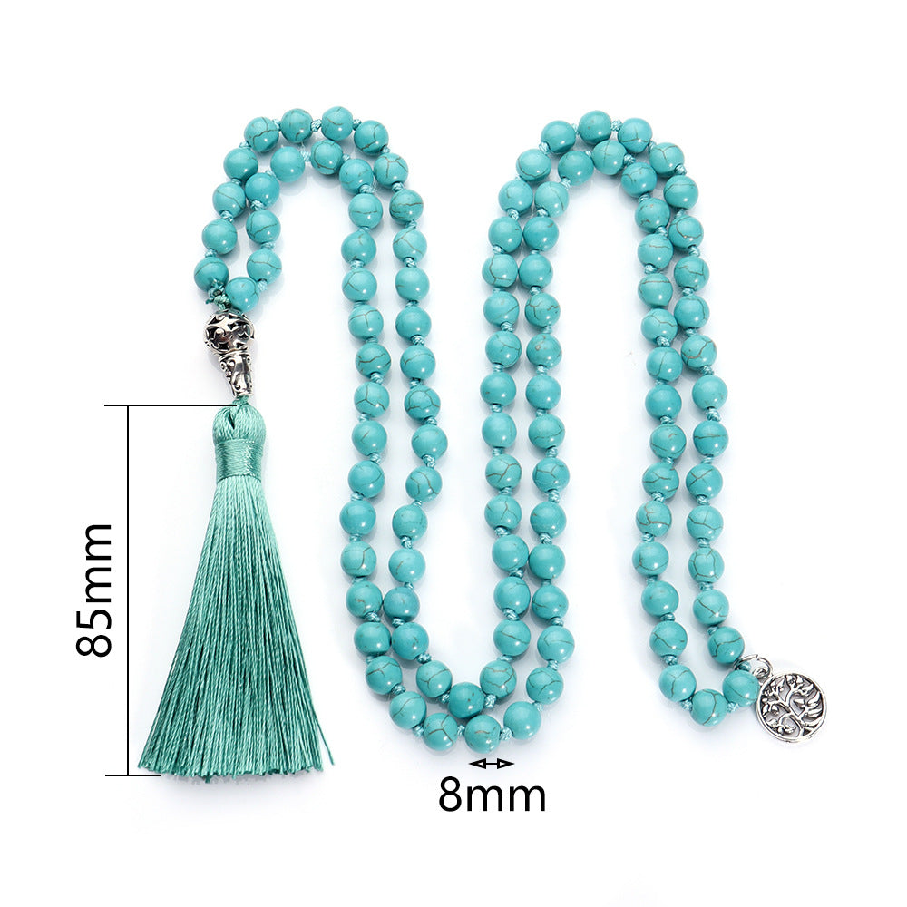 8mm Natural Turquoise Stone Beads Knotted 108 Mala Beaded Necklace with Tree of Life Pendant, Meditation Yoga Prayer Jewelry Tree of Life Pendant Tassel Japa Mala Rosary Beads Necklaces