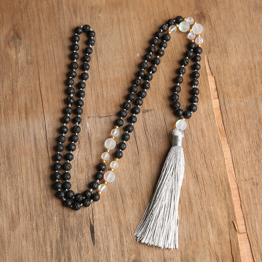 6mm 108 Mala Beads Natural Volcanic Stone Knotted Meditation Semi-Precious Necklaces, Men and Women Charm Necklace Hanging Black Tassel