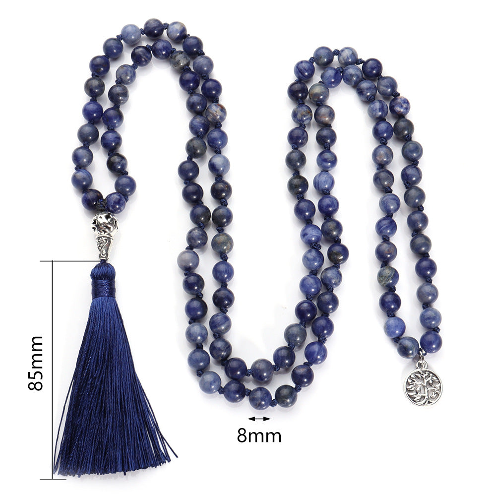 108 Natural Blue Sodalite Lapis Lazuli Stone Handmade Beaded Knot Meditation Yoga Long Necklace, Tree of Life Pendant