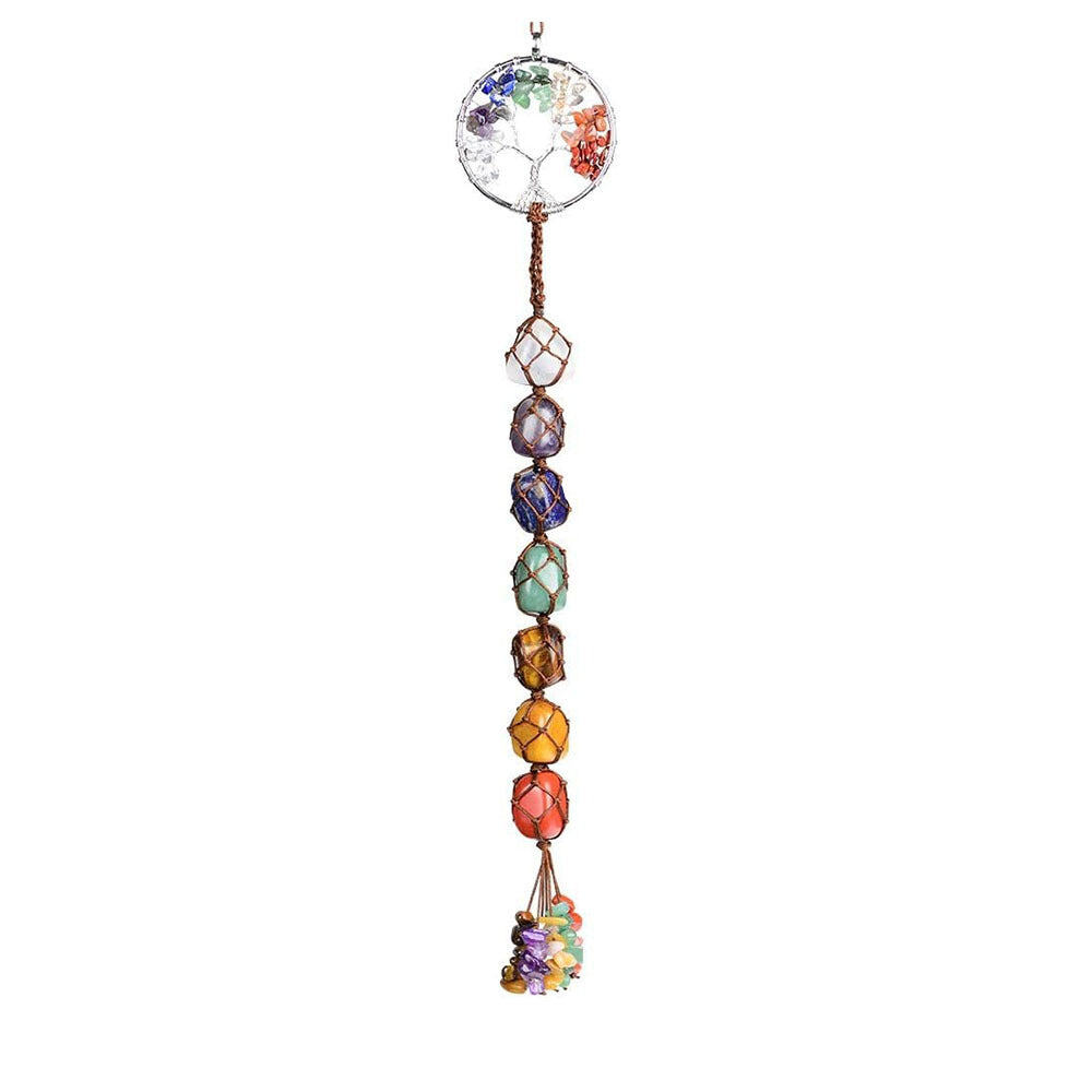 7 Chakra Home Decoration Feng Shui Ornament, Tree of Life Crystal Window Wall Hanging Ornaments, Yoga Meditation Decoration Tumbled Palm Stones