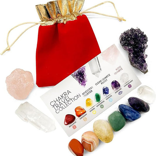 7 Chakra Tumbled Gemstones, Amethyst Crystal, Rose Quartz, Quartz Crystal Point, Stone Guide -Travel Chakra Crystals and Healing Stones in Velvet Gift Pouch + 50pg EBOOK