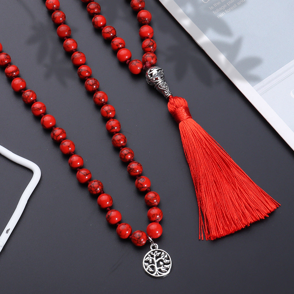 8MM Red Turquoise Mala Beads Necklace with Tree of Life Pendant, Japa Yoga Rosary Prayer Charm Beaded Tassel Necklace, Natural Stone Meditation Statement Necklaces