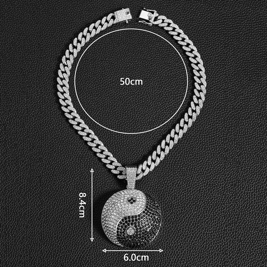 Iced Out 13mm Width Cuban Chain Alloy And Bling Rhinestone Hip Hop Big Round Pendant Necklace