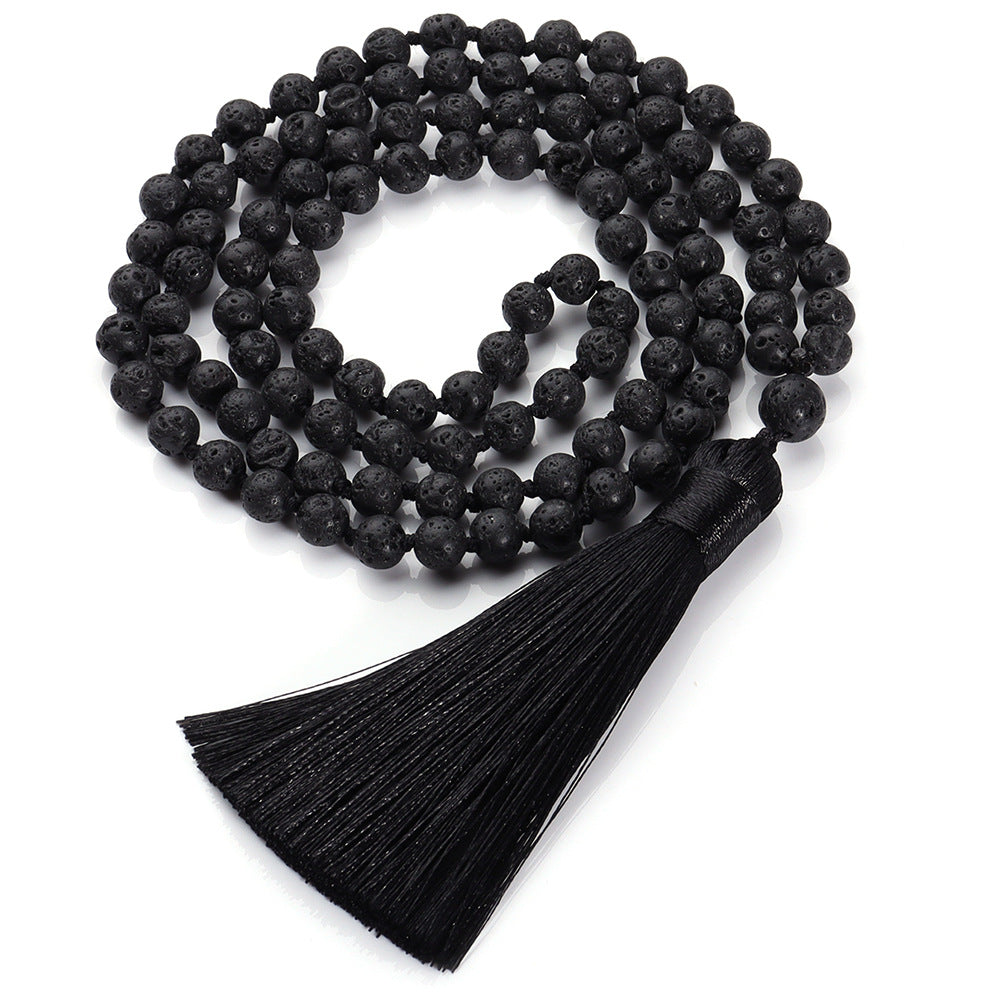 Natural Volcanic Stone 108 Mala Prayer 8mm Beads Knotted Necklace, Energy Balance Healing Tassel Japa Mala