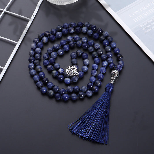 108 Natural Blue Sodalite Lapis Lazuli Stone Handmade Beaded Knot Meditation Yoga Long Necklace, Tree of Life Pendant