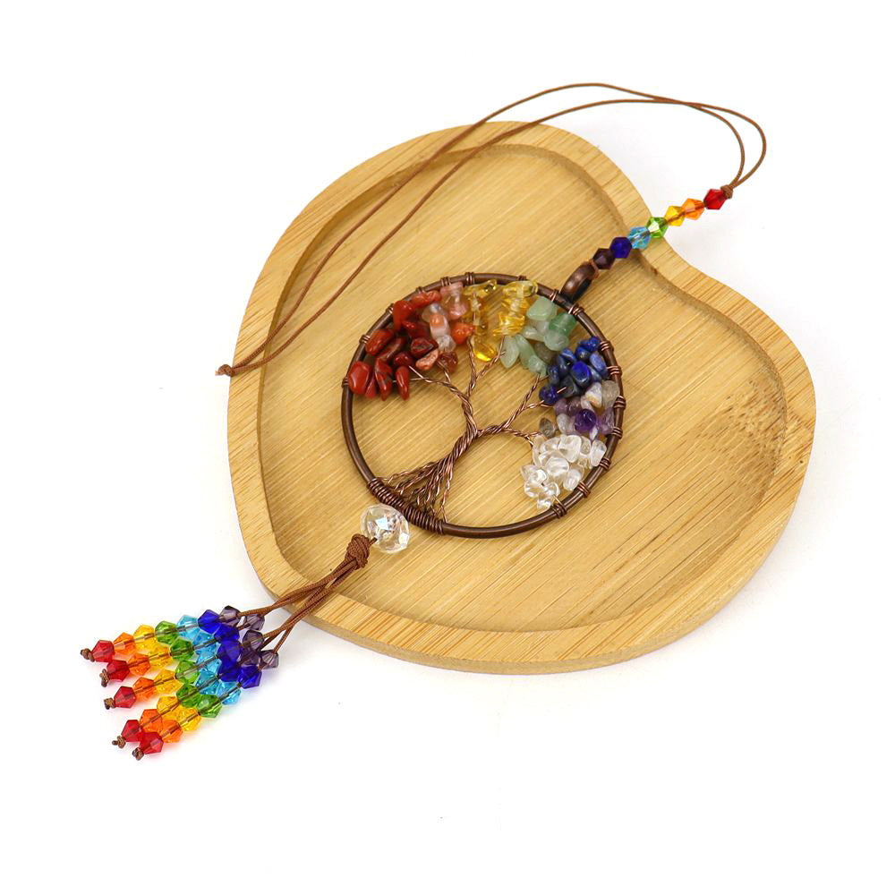 Tree of Life Sun Catcher Hanging Charm, 7 Chakra Gemstone Chip Pendant Decoration, Tree of Life Dream Catcher Car Hanging Ornament Boho Rainbow, Crystal Window Wall Decor