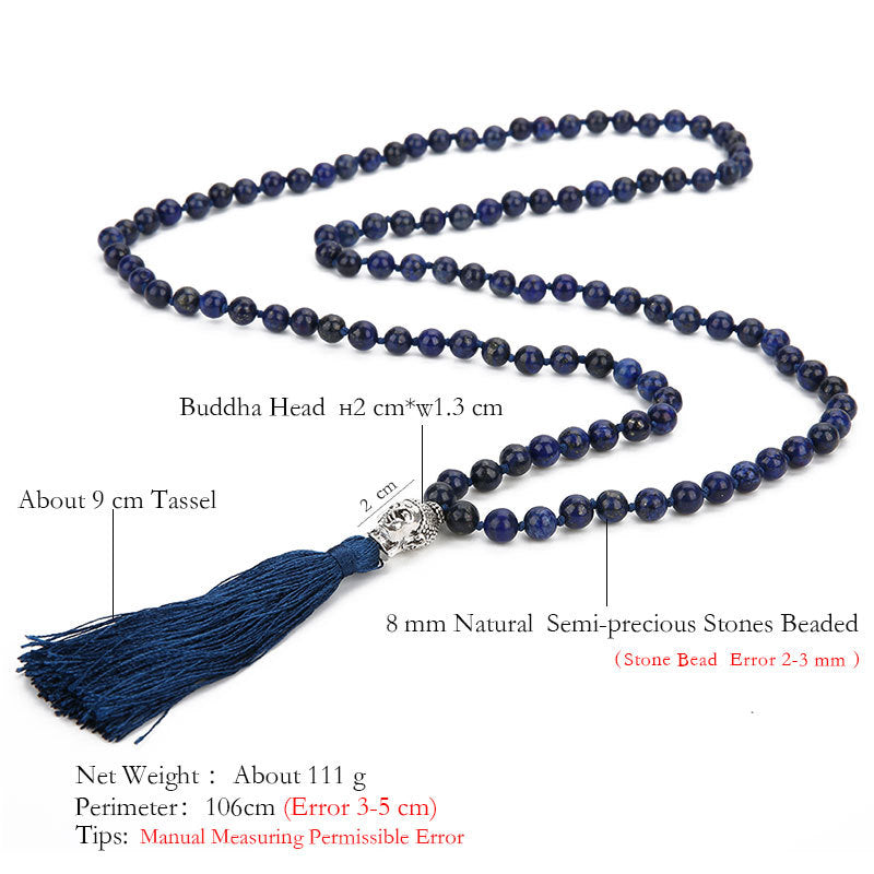 108 Mala Rosary Beads Knotted Tassel Necklace, Natural Lapis Lazuli Stone Necklaces with Tree of Life Pendant Yoga Jewelry Long Bead Necklace