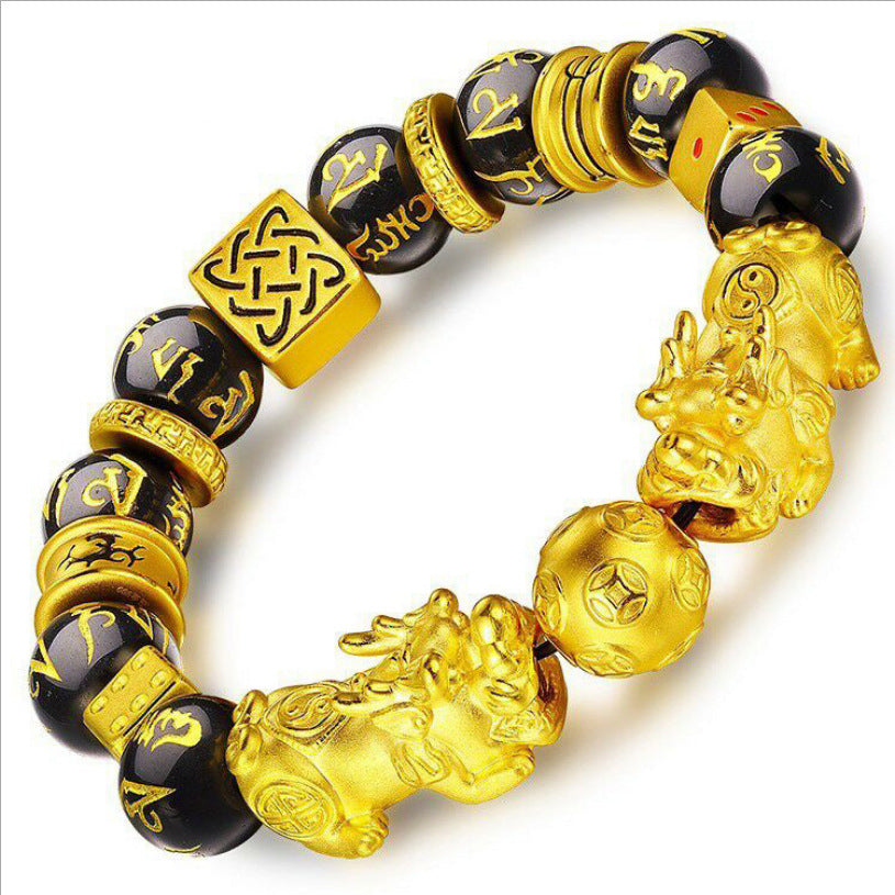 Feng Shui Black Obsidian Agate Beaded Bracelet, Gold-Plated Double Pixiu Bracelet, Lucky Wealthy Amulet Bracelet