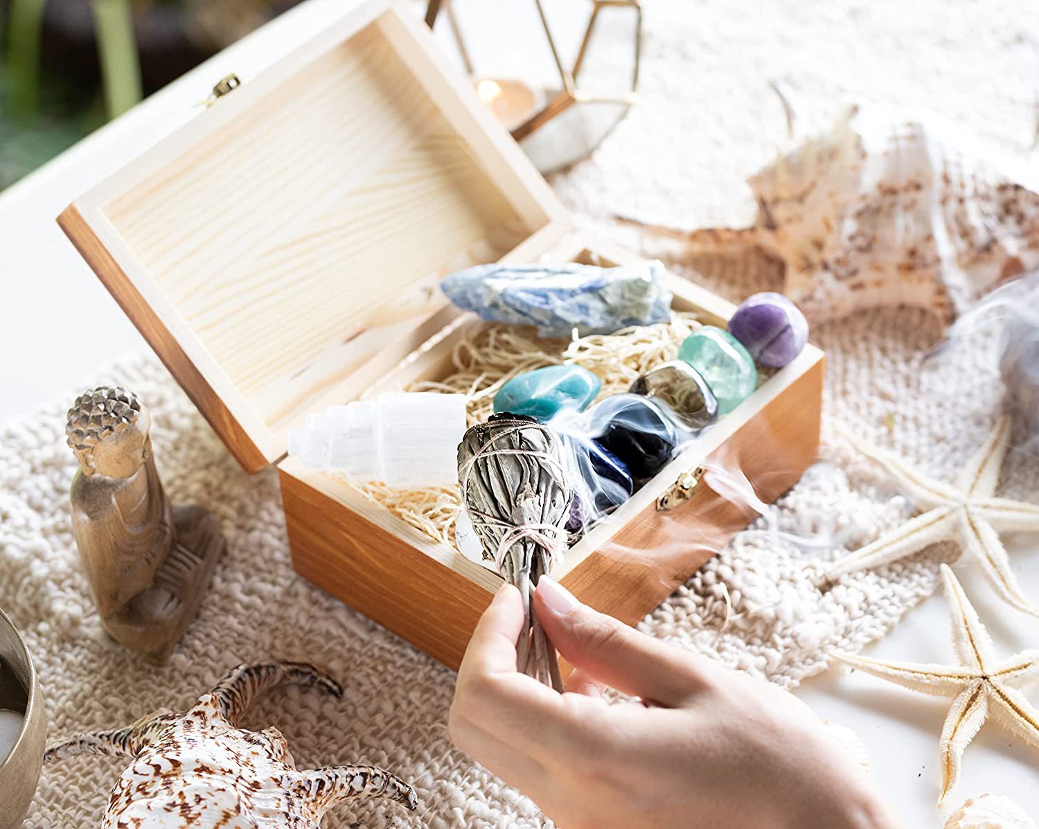 Large Sleep Crystals and Healing Stones for Stress and Anxiety Relief - Amethyst, Lepidolite, Fluorite, Smoky Quartz, Gypsum, Sage and Information Guide in a Wooden Gift Box + 50pg eBook