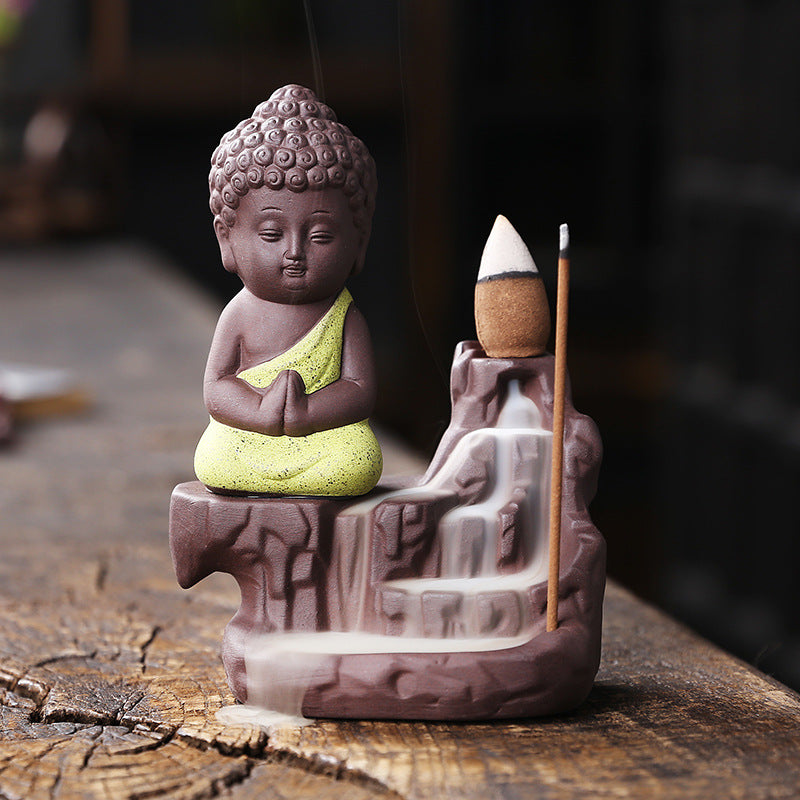 Microfiber Meditating Monk Buddha Smoke Backflow Cone Incense Holder with 10 Scented Cone, Monk Buddha Idol Statues for Home Decor Items Mandir Decorative