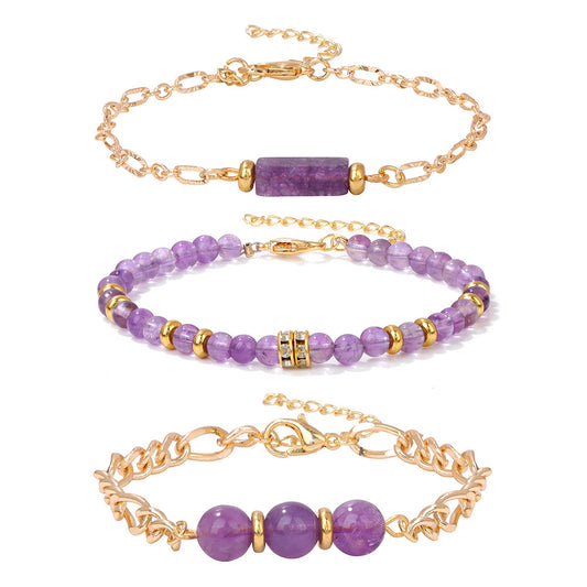 3pcs/set Natural Amethysts Bracelet, 18K Gold Color Chain Rose Pink Quartzs Bracelet Set For Women, Healing Energy Yoga Bracelets