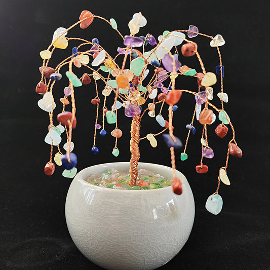 Colorful/Pink Crystal Raw Stone Gravel Fortune Tree, Hand-woven Money Tree, Good Luck Feng Shui Decoration for Home Office