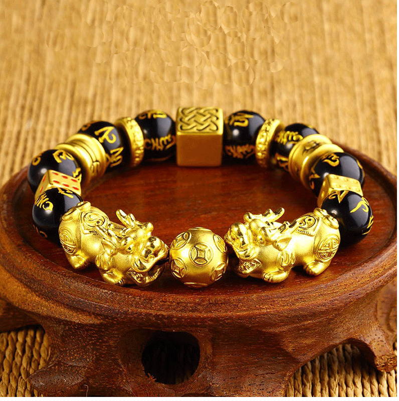 Feng Shui Black Obsidian Agate Beaded Bracelet, Gold-Plated Double Pixiu Bracelet, Lucky Wealthy Amulet Bracelet