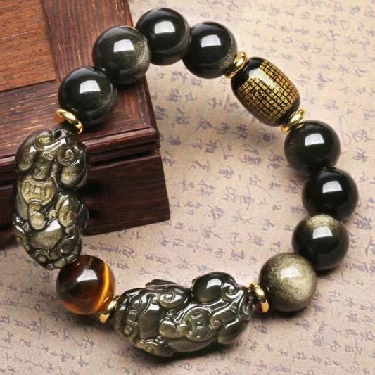 Natural Gold Obsidian Double Pixiu Bracelet, Natural Ice Obisidian Heart Sutra Carved Tiger Eye Stone Talisman Peace Prospertity Money Giftable Men Women, Feng Shui Wealth Bracelet