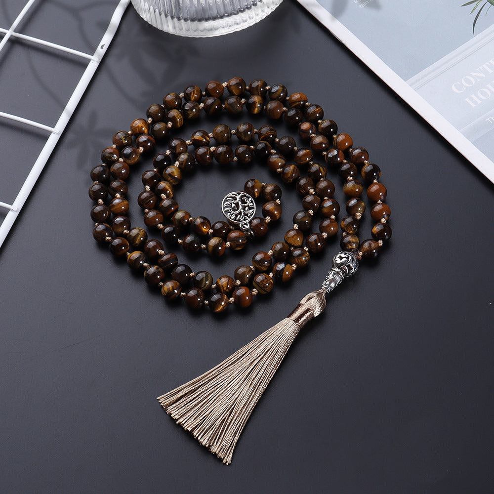 Natural 108 Mala Rosary 8mm Tiger Eye Beads Yoga Buddha Necklace, Japa Mala Prayer Beaded Tassel Tree of Life Necklace, Stone Meditation Statement Necklace