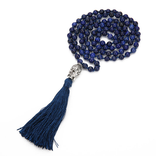 108 Mala Rosary Beads Knotted Tassel Necklace, Natural Lapis Lazuli Stone Necklaces with Tree of Life Pendant Yoga Jewelry Long Bead Necklace