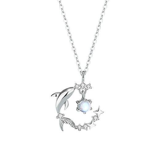 Whale Falls Starry Sea Necklace Women's S925 Sterling Silver Moonstone Whale Clavicle Necklace — A Lifetime of Whale Speaks and Accompanied by Stars and Moon