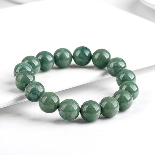 Natural A-grade jadeite deep bean green round bead bracelet ice jade jade bead bracelet men's and women's jewelry