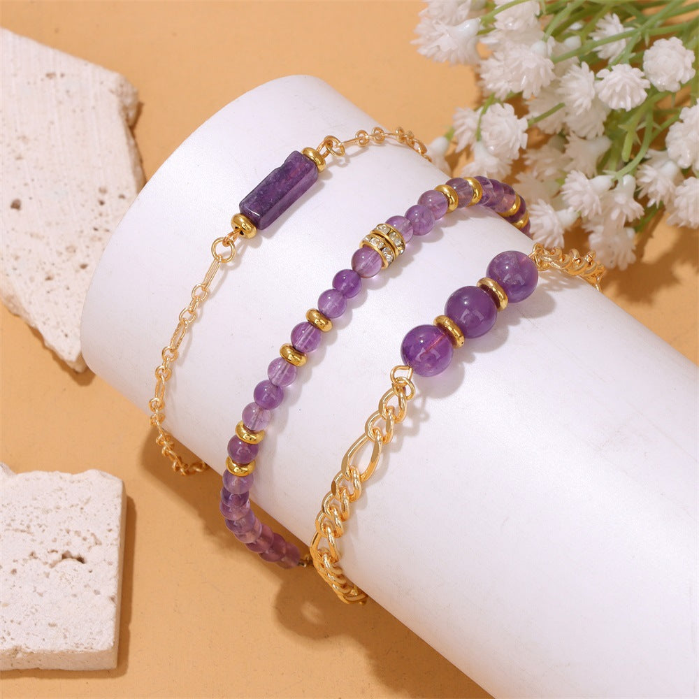 3pcs/set Natural Amethysts Bracelet, 18K Gold Color Chain Rose Pink Quartzs Bracelet Set For Women, Healing Energy Yoga Bracelets