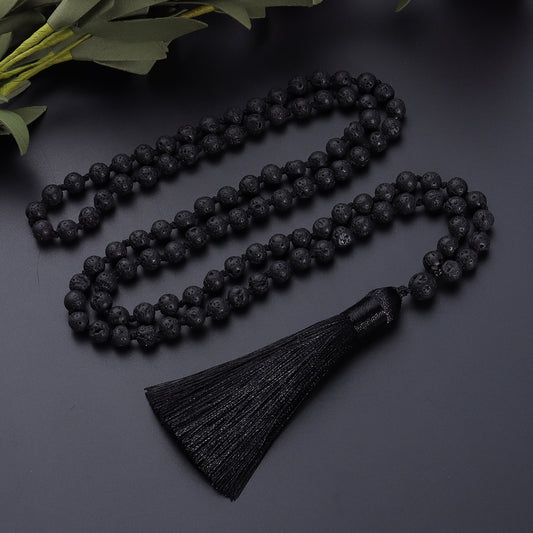 Natural Volcanic Stone 108 Mala Prayer 8mm Beads Knotted Necklace, Energy Balance Healing Tassel Japa Mala