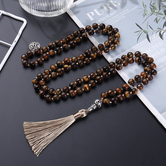 Natural 108 Mala Rosary 8mm Tiger Eye Beads Yoga Buddha Necklace, Japa Mala Prayer Beaded Tassel Tree of Life Necklace, Stone Meditation Statement Necklace