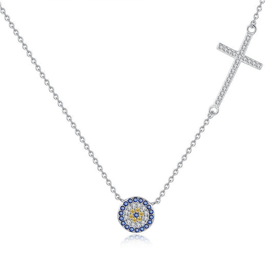 Blue and White Stone Evil Eye with Holy Cross Silver Necklace