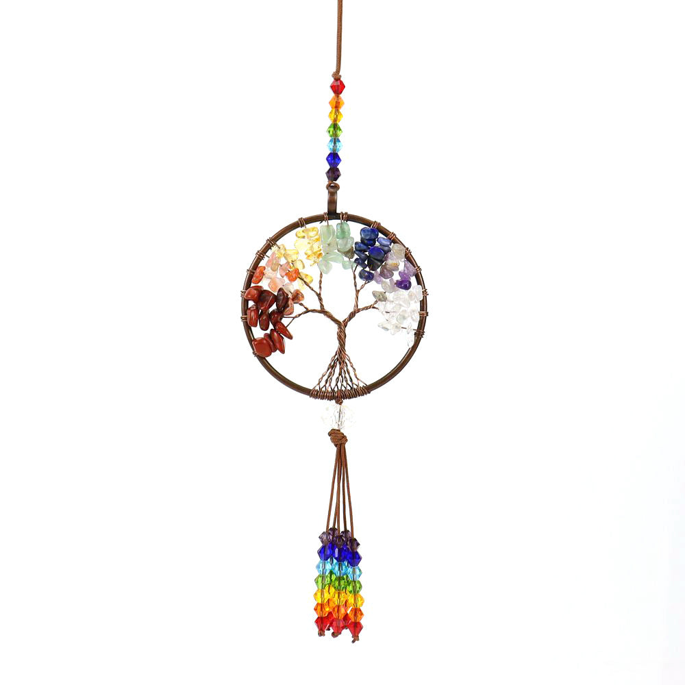 Tree of Life Sun Catcher Hanging Charm, 7 Chakra Gemstone Chip Pendant Decoration, Tree of Life Dream Catcher Car Hanging Ornament Boho Rainbow, Crystal Window Wall Decor