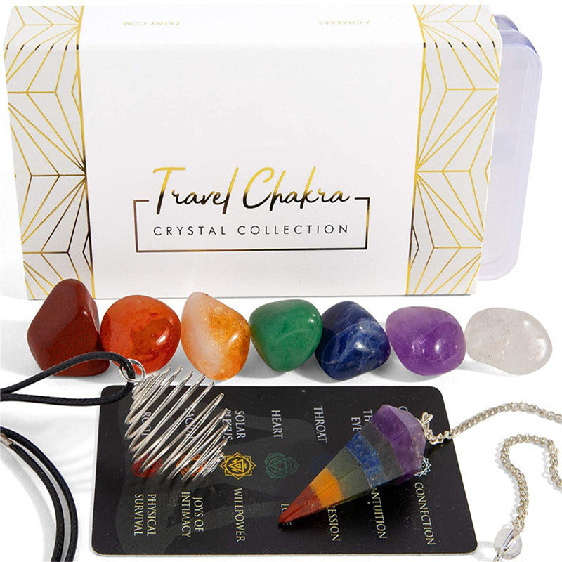 Travel Chakra Crystals and Healing Stones Collection, Chakra Pendulum, 7 Chakra Set Tumbled Stones, Interchangeable Cage Necklace, Portable Case, Reference Card, Ebook