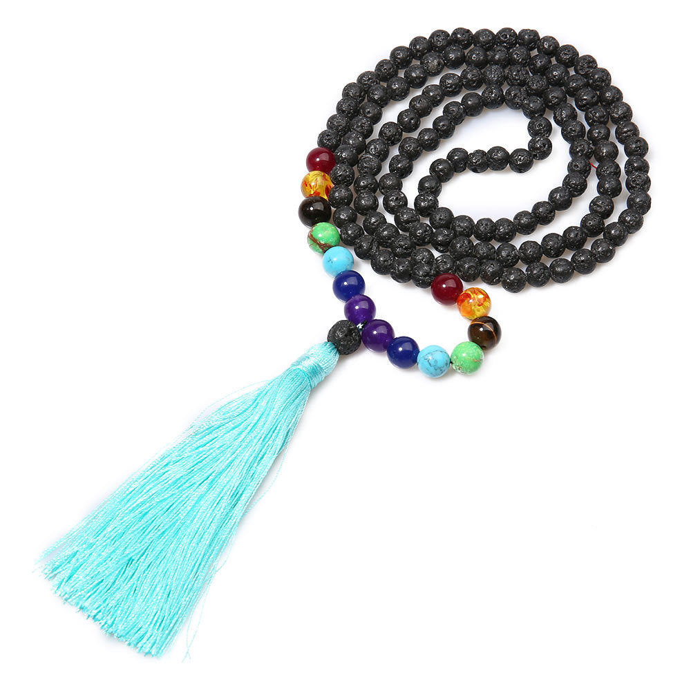 6mm Chakra Long Mala Rosary Prayer Beads Tassel Necklace, Japa Yoga Buddhist Rosary Prayer Charm Beaded Strand Necklaces, Natural Volcanic Stone Meditation Statement Necklace