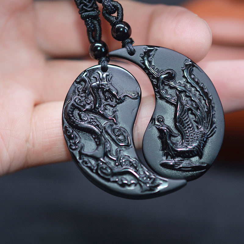 Obsidian Yin Yang Dragon and Phoenix Pendant Necklaces for Couples